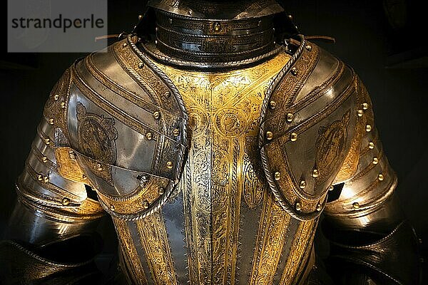 Antique armour on black background. Concept for security  safety and fantasy