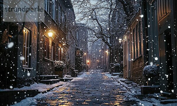 Eine verschneite Stadtstraße mit Lichtern und Schnee auf dem Boden. Die Straße ist leer und ruhig  so daß eine friedliche und heitere Atmosphäre AI erzeugt  KI generiert