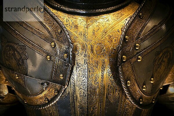 Antique armour on black background. Concept for security  safety and fantasy