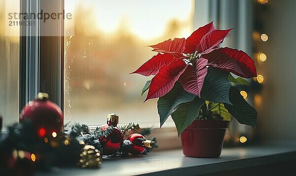 Ein roter Weihnachtsstern steht in einem roten Topf auf einer Fensterbank. Die Pflanze ist von einem Kranz aus roten Ornamenten umgeben  darunter einige rote Kugeln. Die Szene ist festlich und fröhlich KI erzeugt  KI generiert