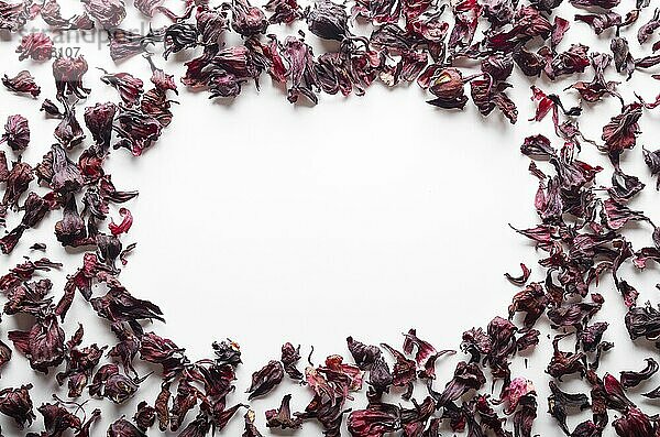 Top view of Dry Hibiscus petals frame on white background closeup