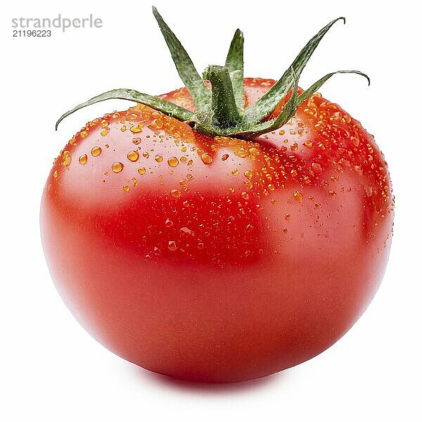 Extreme close-up of a ripe red tomato glistening with water droplets  set against a white backdrop