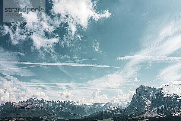 Panoramic view from the Seiser Alm to the Dolomites in Italy  drone shot