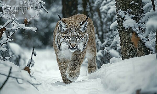 Eine braun weiße Katze läuft durch den Schnee. Die Katze schaut nach vorne  möglicherweise auf der Suche nach Futter. Das Bild hat eine friedliche und heitere Stimmung  da die Katze sich durch die ruhige  verschneite Landschaft bewegt KI erzeugt  KI generiert