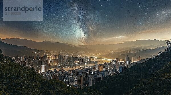 Landschaftliche Ansicht einer Stadt unter einem Sternenhimmel in der Nähe eines Flusses und Berge  KI generiert