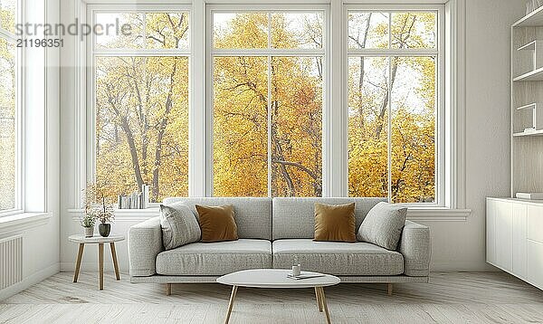 Simple Scandinavian living room  white and light wood furniture AI generated