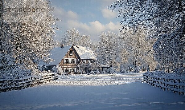 Ein Haus mit weißem Dach steht auf einem schneebedeckten Feld. Das Haus ist von Bäumen und einem Zaun umgeben. Die Szene ist friedlich und heiter  mit dem Schnee  der den Boden bedeckt KI erzeugt  KI generiert