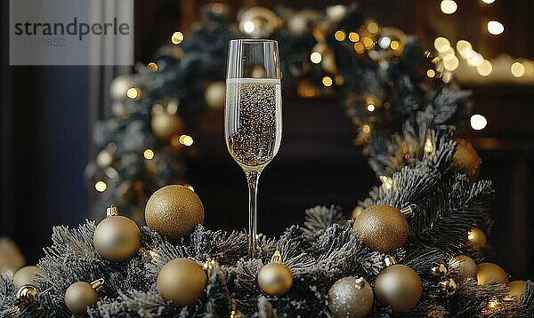 Ein Glas Champagner steht auf einem Kranz aus Weihnachtsornamenten. Die Szene ist festlich und feierlich  wobei das Champagnerglas und die Ornamente die Freude darstellen  die KI erzeugt  KI generiert