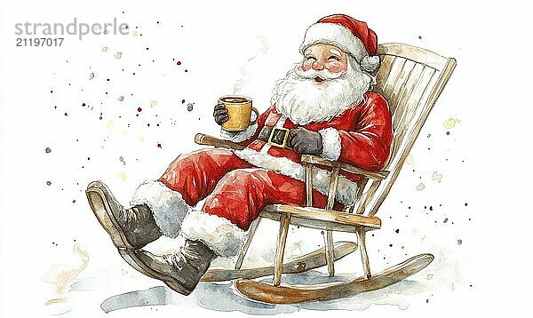 A santa claus is sitting in a rocking chair with a cup of coffee. Concept of relaxation and warmth  as the santa claus is enjoying a hot beverage on a cold day AI generated