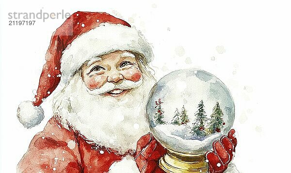 A painting of Santa holding a snow globe. The painting is in a white background. The snow globe is filled with snow and has a tree inside. The painting has a cheerful and festive mood AI generated