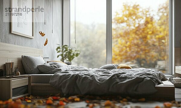 Scandinavian bedroom  light wood bed  warm blankets  panoramic windows  autumn foliage in warm tones AI generated