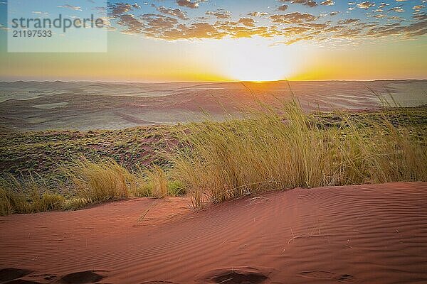 View at Sossuvlei surroundings and plateau from a sand dune in Namibia