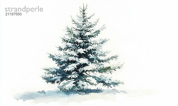 A snow covered pine tree is the main focus of this image. The tree is surrounded by a white background  which gives it a serene and peaceful appearance. The snow on the tree adds a sense of stillness AI generated