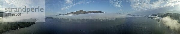 Morning fog over Loch Linnhe at the narrows near Ardgour  drone image  Western Highlands  Scotland  Great Britain