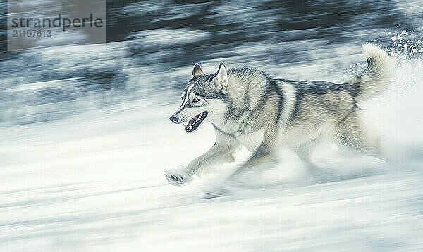 Ein grauer und weißer Hund läuft durch den Schnee. Der Hund ist in Bewegung und er genießt sich selbst AI erzeugt  KI generiert