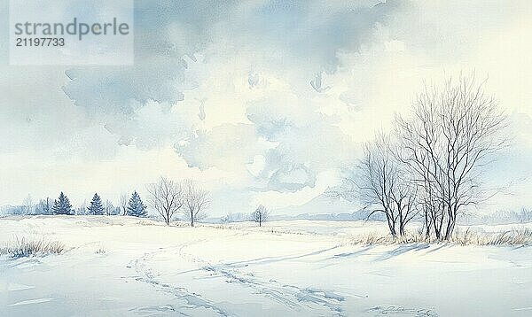 Ein Gemälde von einem verschneiten Feld mit Bäumen im Hintergrund. Der Himmel ist bewölkt und der Schnee ist weiß Die Stimmung des Gemäldes ist friedlich und heiter KI erzeugt  KI generiert