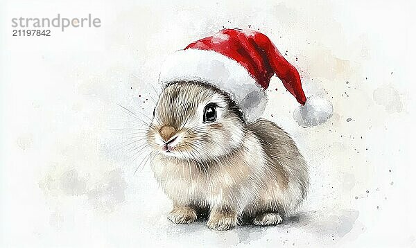 A rabbit wearing a red hat and a white santa hat. The rabbit is sitting on a white background AI generated