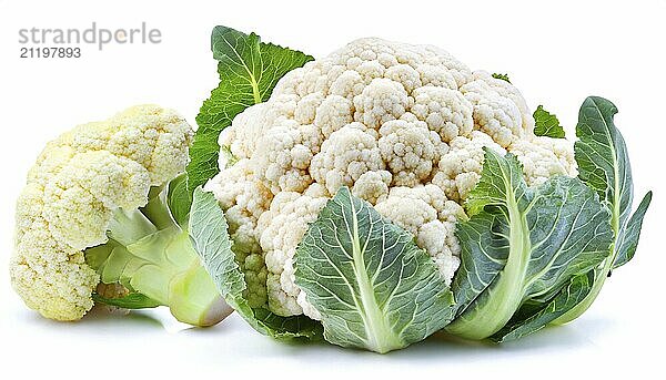 Fresh whole and partial cauliflower with green leaves isolated on a white background in high resolution