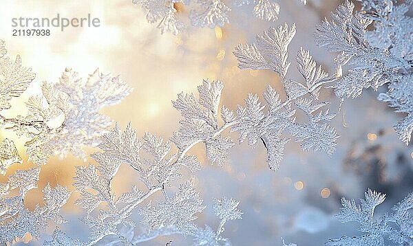 A close up of a branch covered in frost. The branch is surrounded by a light blue background AI generated