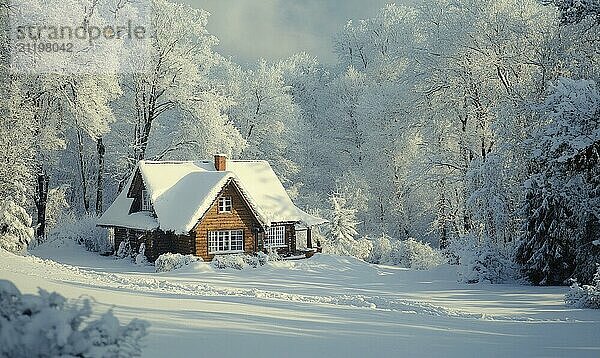 Eine kleine Hütte im Wald ist mit Schnee bedeckt. Das Haus ist von Bäumen und dem schneebedeckten Boden umgeben. Die Szene ist friedlich und heiter  mit dem Schnee  der eine ruhige und gelassene Atmosphäre schafft KI erzeugt  KI generiert