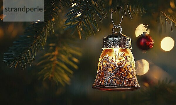 Eine kleine Glocke  die an einem Baum hängt und eine rote Verzierung trägt. Die Glocke ist beleuchtet und der Baum ist auch beleuchtet. Die Szene ist warm und gemütlich  evoziert ein Gefühl von Urlaub Fröhlichkeit und Feier AI erzeugt  KI generiert