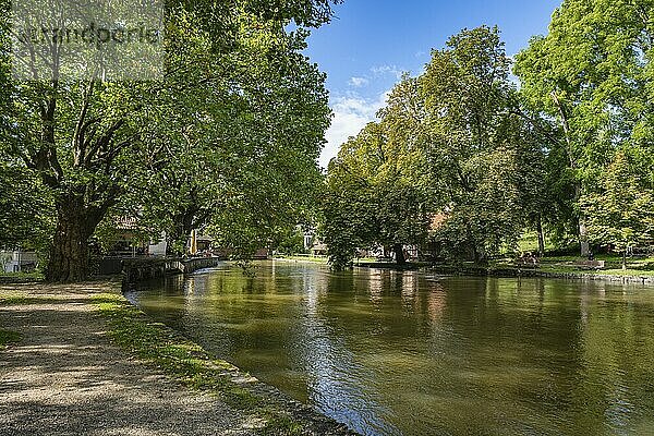 The Aachtopf  also known as the Aachquelle  a sight and tourist attraction in Hegau  is a karst spring where the Radolfzeller Aach rises and flows into western Lake Constance after 32 kilometres near Radolfzell. The water that emerges in the spring comes mainly from the Danube seepage 13.5 kilometres away near Immendingen in the district of Tuttlingen. Aach  district of Constance  Baden-Württemberg  Germany  Europe