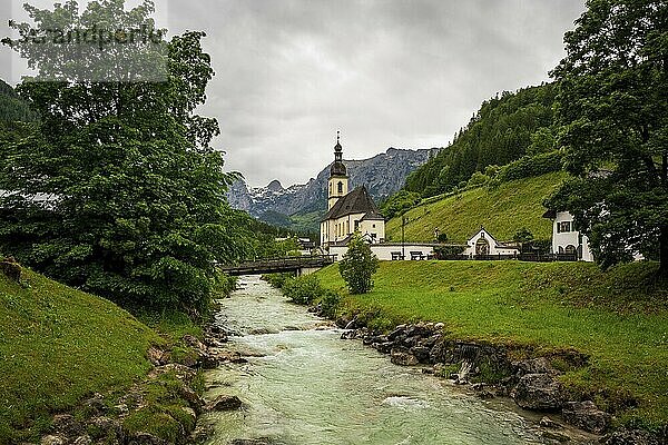 View of the parish church of St. Sebastian in Ramsau in Bavaria  Germany  Europe