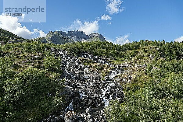 Landscape with the Sorvagen waterfall at Munkebu-stig  Sorvagen  Lofoten  Norway  Europe