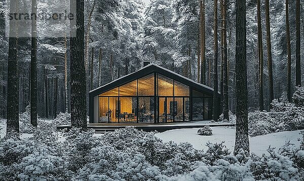 Eine gemütliche Hütte im Wald mit einem Kamin und einem Blick auf die schneebedeckten Bäume. Die Hütte ist umgeben von einer verschneiten Landschaft  die eine friedliche und ruhige Atmosphäre KI erzeugt  KI generiert