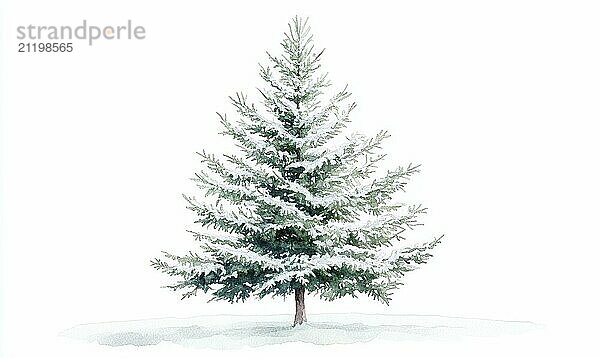 A white background with a large pine tree in the foreground. The tree is covered in snow and he is the only living thing in the scene AI generated