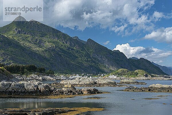 Landscape with rocky coast at the Vestfjord  Sorvagen  Lofoten  Norway  Europe