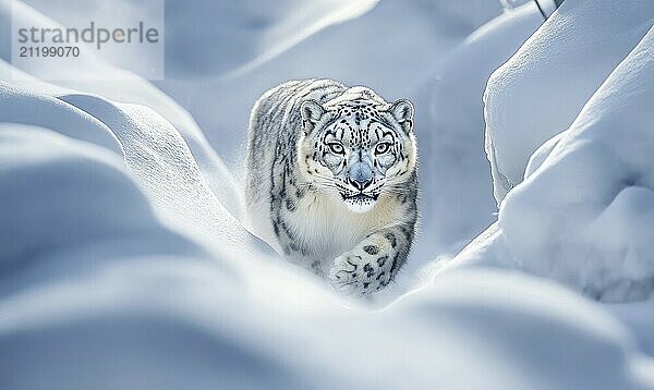 Ein Schneeleopard läuft durch den Schnee. Der Schnee ist weiß und flauschig  und der Leopard ist das einzige sichtbare Tier. Die Szene ist friedlich und heiter AI erzeugt  KI generiert