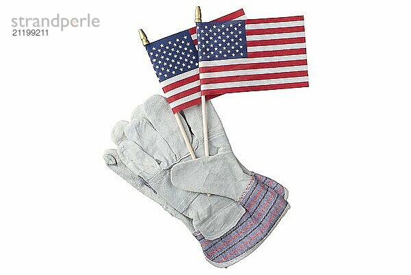 Protective work gloves and us flags isolated on white background labor day background flat lay