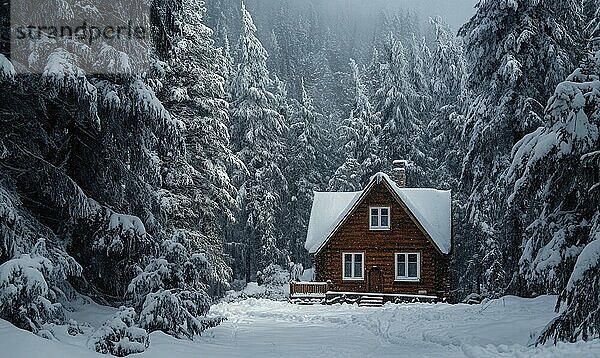 Eine kleine Hütte im Wald ist mit Schnee bedeckt. Die Hütte ist von Bäumen umgeben und der Schnee ist um sie herum aufgetürmt. Die Szene ist friedlich und ruhig  mit dem Schnee eine ruhige und ruhige Atmosphäre KI erzeugt  KI generiert