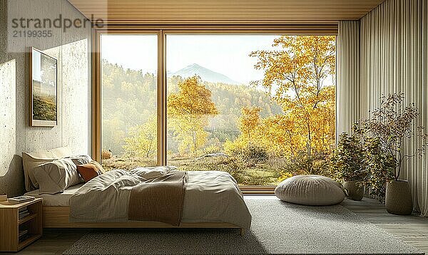 Elegant Scandinavian bedroom  neutral colors  light wood furniture  panoramic windows AI generated