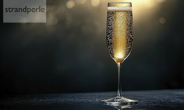 A glass of champagne is sitting on a table with a dark background. The bubbles in the champagne are rising to the top  creating a sense of celebration and festivity AI generated