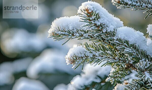 Nahaufnahme von verschneiten Fichtennadeln  heiterer Wintermorgen AI erzeugt  KI generiert