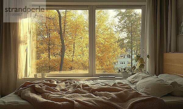 Warm Scandinavian bedroom  light wood bed  cozy blankets  large windows AI generated