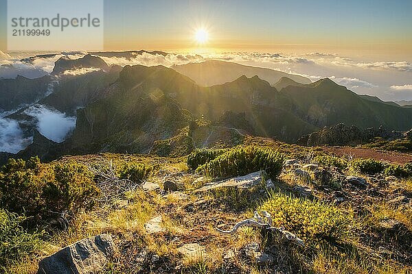 Blick auf die Berge über den Wolken vom Pico Ruivo bei Sonnenuntergang. Insel Madeira  Portugal  Europa