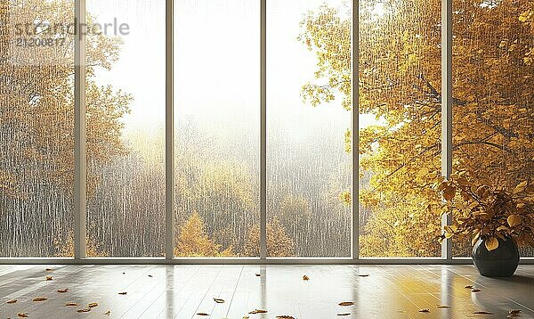 View from the large window on misty autumn landscape AI generated