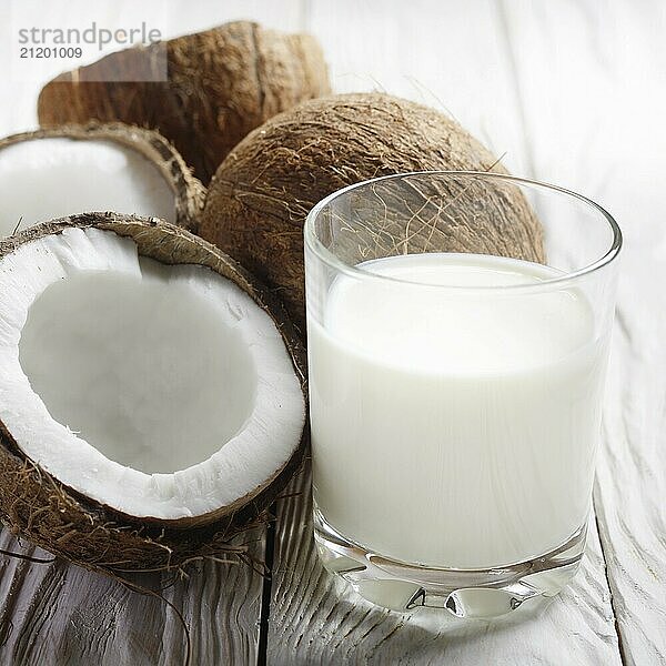 Drinking glass of milk or yogurt on blue napkin on white wooden table with coconut aside