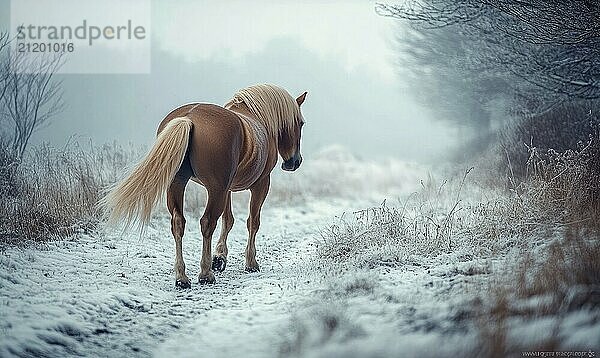 Ein Pferd läuft durch ein verschneites Feld. Das Bild hat eine friedliche und heitere Stimmung  da das Pferd das einzige sichtbare Lebewesen in der Szene ist  die KI erzeugt  KI generiert