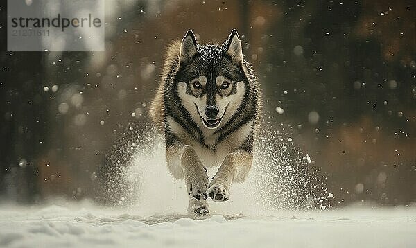 Ein Hund läuft mit herausgestreckter Zunge durch den Schnee. Der Hund scheint glücklich zu sein und genießt das kalte Wetter  das AI erzeugt hat  KI generiert