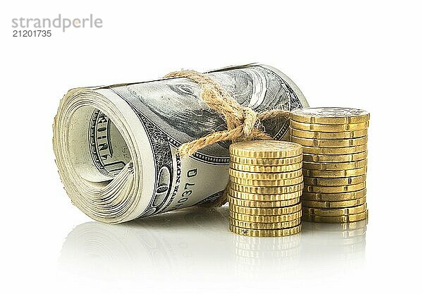 American dollars and coins isolated on a white background