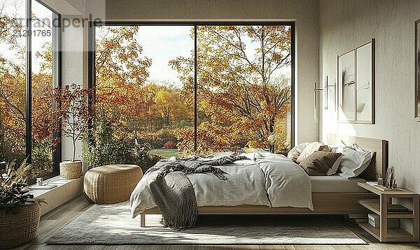 Elegant Scandinavian bedroom  neutral colors  light wood furniture  panoramic windows AI generated