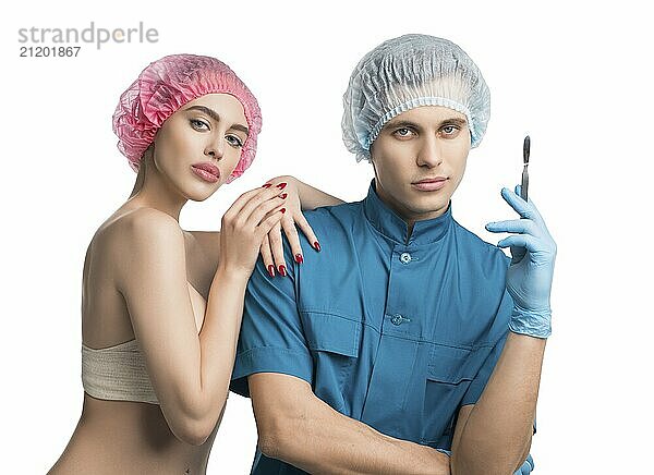 Plastic surgeon with his female pretty patient isolated cropped view on white background