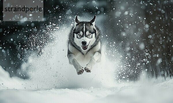 Ein Hund läuft durch den Schnee mit seinen Pfoten in der Luft. Der Hund scheint glücklich und energiegeladen zu sein und genießt das Winterwetter  das AI erzeugt  KI generiert