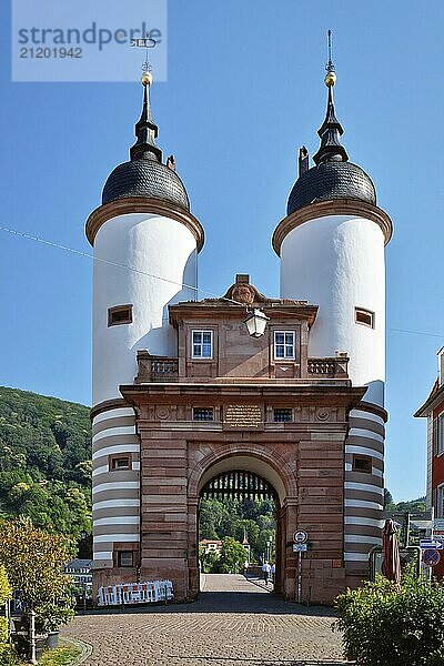 Germany  Heidelberg  June 28th 2024: Gate to 'Karl Theodor Bridge'  also known as the Old Bridge  called 'Alte Brücke in German  an arch bridge in city Heidelberg  Europe