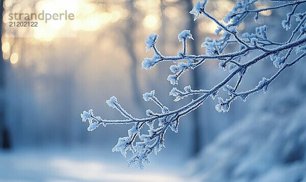 A branch covered in frost and snow. The branch is surrounded by a snowy landscape. Concept of tranquility and peacefulness  as the frosty branch stands out against the white background AI generated