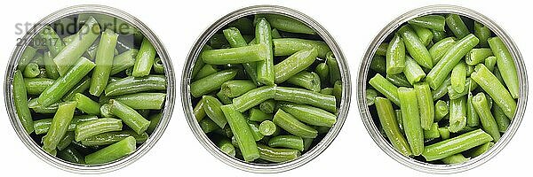 Flat lay view at opened tin can with green beans isolated on white background